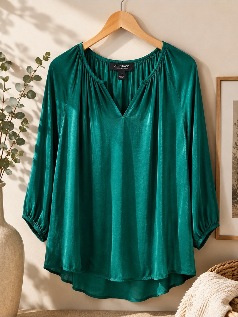 Jones New York 3X Emerald Green Satin Blouse 3/4 Sleeve V Neck Plus Size